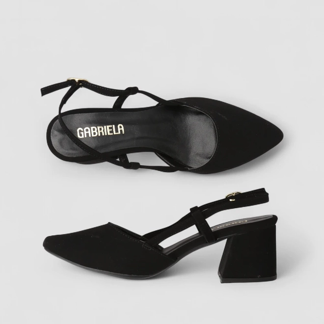 Scarpin Slingback Feminino Gabriela Salto Geométrico Nobuck Preto