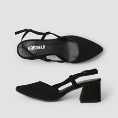 Scarpin Slingback Feminino Gabriela Salto Geométrico Nobuck Preto