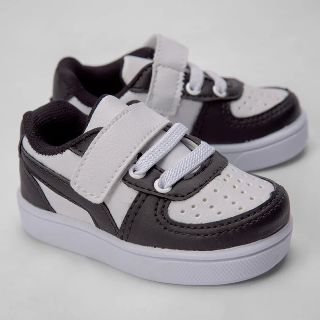 Tênis Infantil Vertus Casual Detalhe Recortes Preto & Branco