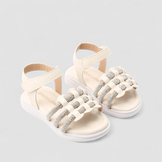 Sandália Infantil Gabrielinha Bebê Tira Tripla Strass Off-White