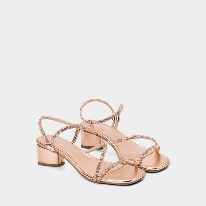 Sandália Feminina Penélope Salto Médio Geométrico Tiras Strass Metalizado Rose Gold