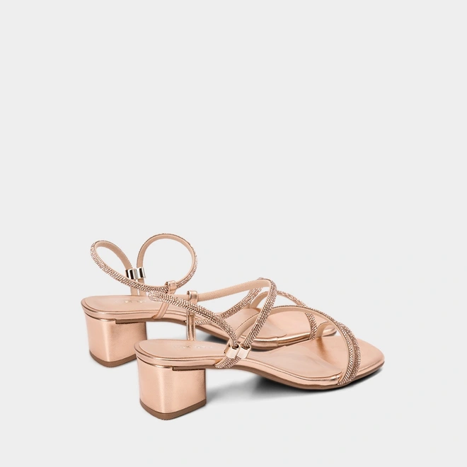 Sandália Feminina Penélope Salto Médio Geométrico Tiras Strass Metalizado Rose Gold