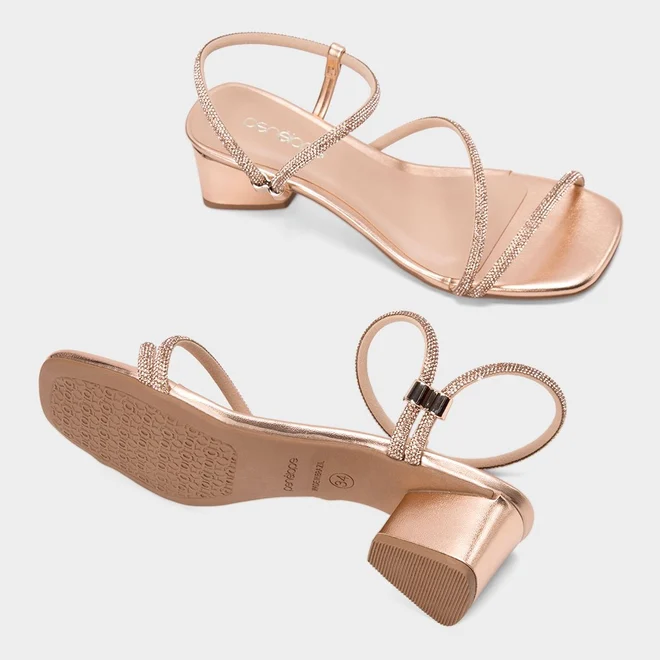 Sandália Feminina Penélope Salto Médio Geométrico Tiras Strass Metalizado Rose Gold