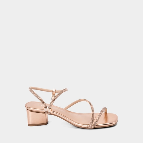 Sandália Feminina Penélope Salto Médio Geométrico Tiras Strass Metalizado Rose Gold