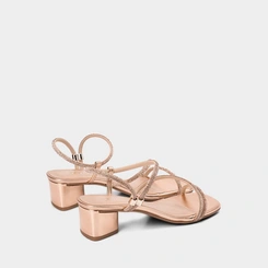 Sandália Feminina Penélope Salto Médio Geométrico Tiras Strass Metalizado Rose Gold