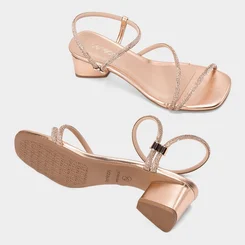 Sandália Feminina Penélope Salto Médio Geométrico Tiras Strass Metalizado Rose Gold