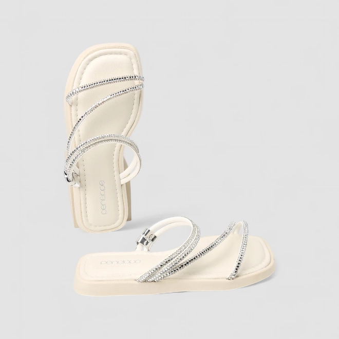 Tamanco Rasteiro Feminino Penélope Tiras Strass Off White