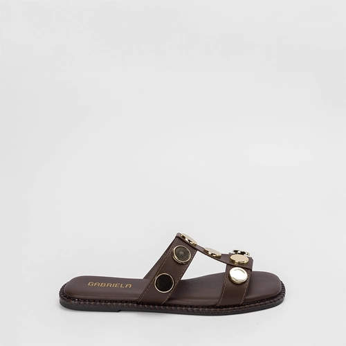 Rasteira Papete Gabriela Enfeite Metal Nickel Marrom