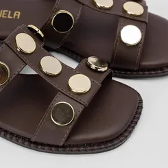 Rasteira Papete Gabriela Enfeite Metal Nickel Marrom
