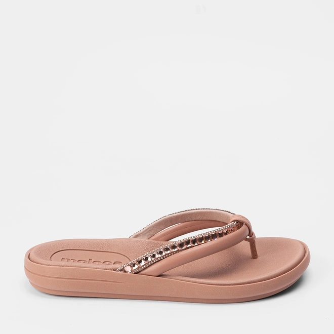 Chinelo Feminino Moleca Tiras Acolchoadas Pedraria Nude