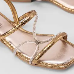 Sandália Rasteira Feminina Mississipi Tiras Metalizada Strass Bronze