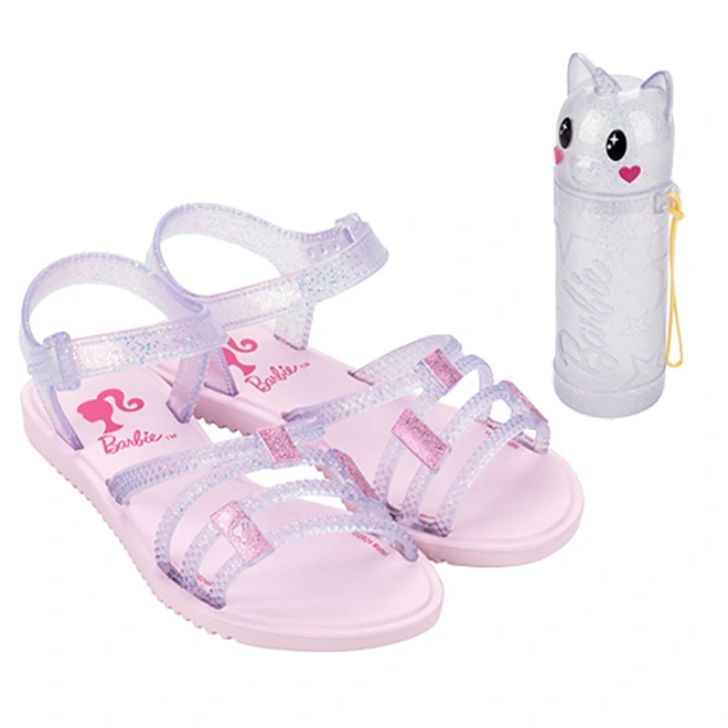 Sandália Barbie Tira Texturizada Glitter + Brinde Estojo Rosa Claro