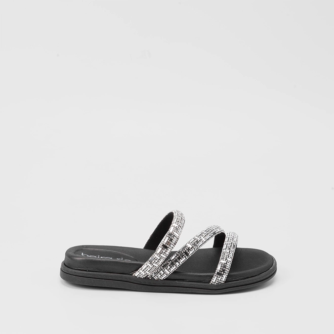 Rasteira Papete Beira Rio Flat Tiras Strass Preto