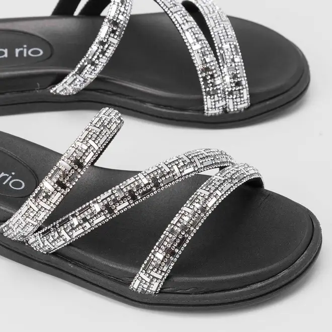 Rasteira Papete Beira Rio Flat Tiras Strass Preto