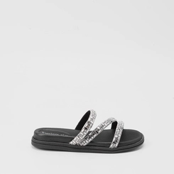 Rasteira Papete Beira Rio Flat Tiras Strass Preto