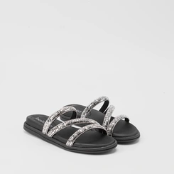 Rasteira Papete Beira Rio Flat Tiras Strass Preto