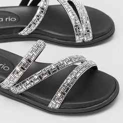 Rasteira Papete Beira Rio Flat Tiras Strass Preto