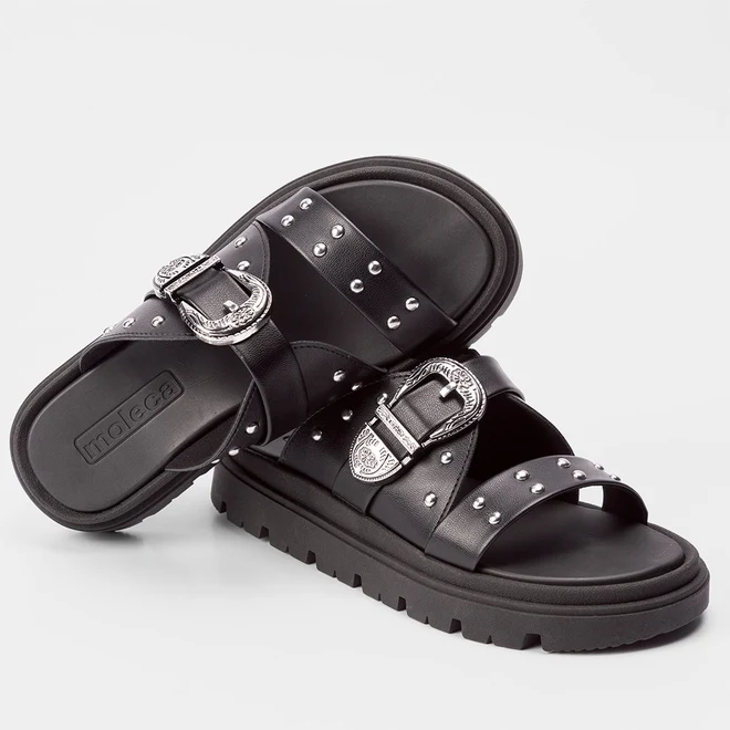 Papete Feminino Moleca Flatform Tratorado Tira Dupla Fivela Rebites Preto