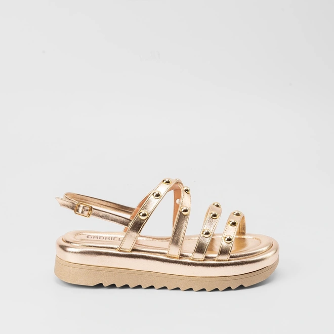 Sandália Papete Feminina Gabriela Flatform Tiras Rebite Ouro