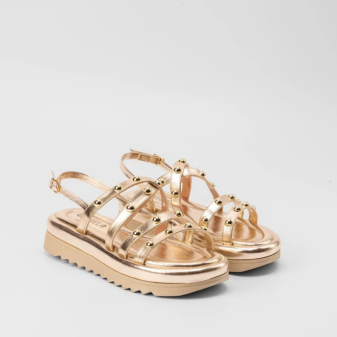 Sandália Papete Feminina Gabriela Flatform Tiras Rebite Ouro