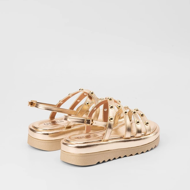 Sandália Papete Feminina Gabriela Flatform Tiras Rebite Ouro