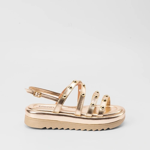 Sandália Papete Gabriela Flatform Tiras Rebite Ouro