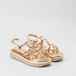 Sandália Papete Feminina Gabriela Flatform Tiras Rebite Ouro