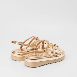 Sandália Papete Feminina Gabriela Flatform Tiras Rebite Ouro
