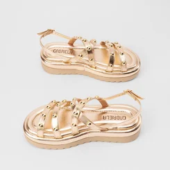 Sandália Papete Feminina Gabriela Flatform Tiras Rebite Ouro