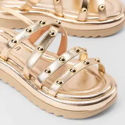 Sandália Papete Feminina Gabriela Flatform Tiras Rebite Ouro