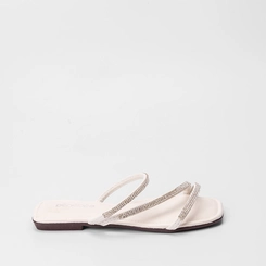 Rasteira Penélope Tiras Strass Pespontos Off White