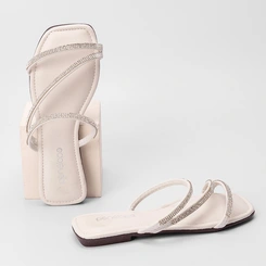 Rasteira Penélope Tiras Strass Pespontos Off White