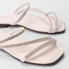 Rasteira Penélope Tiras Strass Pespontos Off White