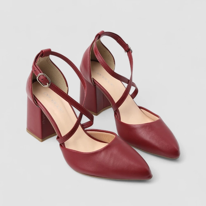 Scarpin Feminino Penélope Salto Bloco Tiras Cruzadas Vinho