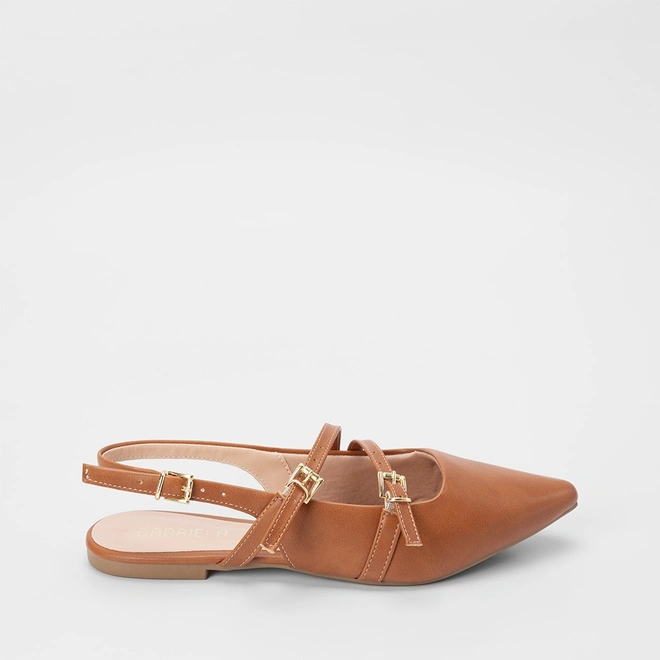 Sapatilha Boneca Slingback Feminina Gabriela Tiras Slim Fivelas Caramelo