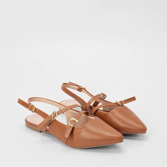Sapatilha Boneca Slingback Feminina Gabriela Tiras Slim Fivelas Caramelo