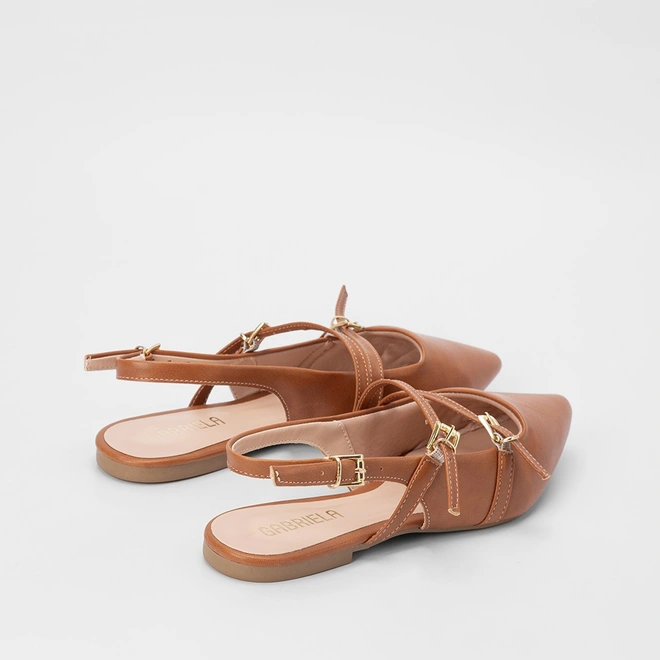 Sapatilha Boneca Slingback Feminina Gabriela Tiras Slim Fivelas Caramelo