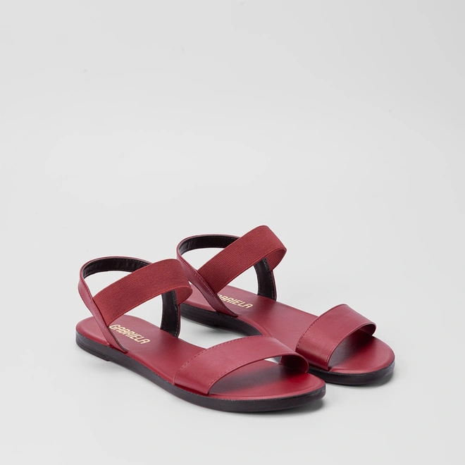 Sandália Rasteira Gabriela Flat Tiras Elástico Pespontos Vinho