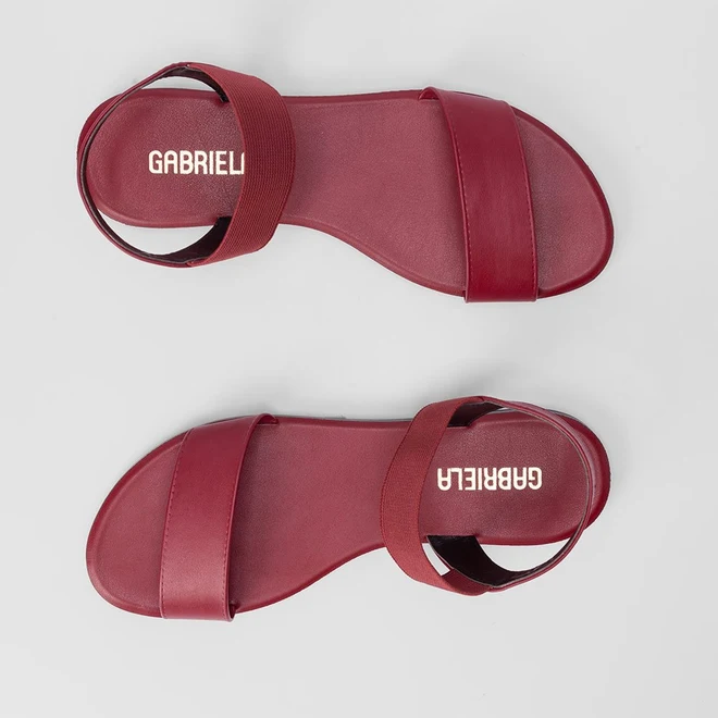 Sandália Rasteira Gabriela Flat Tiras Elástico Pespontos Vinho