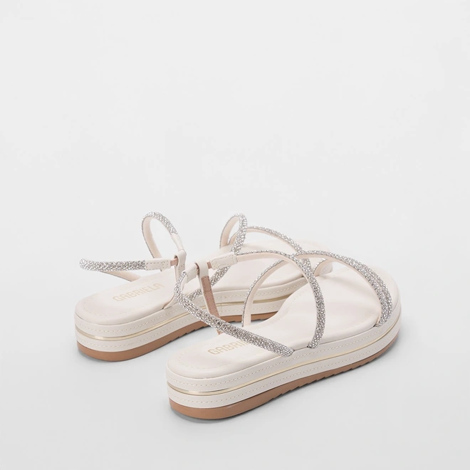 Sandália Gabriela Flatform Tiras Lateral Strass Off White