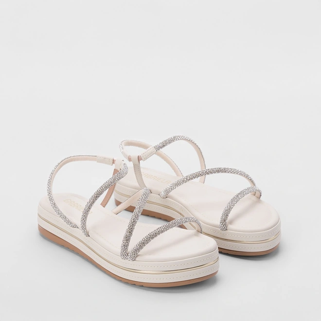 Sandália Gabriela Flatform Tiras Lateral Strass Off White