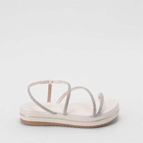 Sandália Gabriela Flatform Tiras Lateral Strass Off White