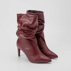 Bota Slouchy Feminina Gabriela Drapeado Cano Médio Pespontos Vinho
