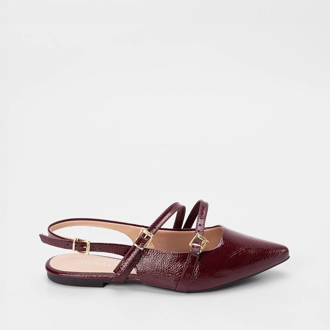 Sapatilha Boneca Slingback Feminina Gabriela Tiras Slim Fivelas Texturizada Vinho