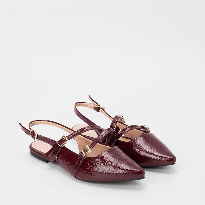 Sapatilha Boneca Slingback Feminina Gabriela Tiras Slim Fivelas Texturizada Vinho