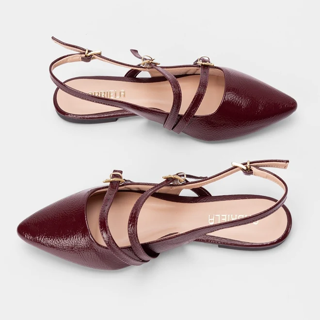 Sapatilha Boneca Slingback Feminina Gabriela Tiras Slim Fivelas Texturizada Vinho