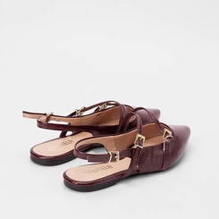 Sapatilha Boneca Slingback Feminina Gabriela Tiras Slim Fivelas Texturizada Vinho