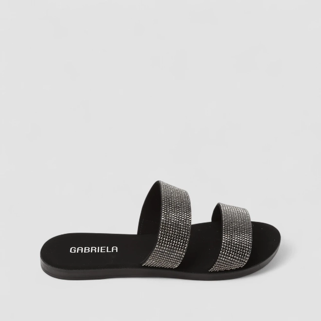 Rasteira Feminina Gabriela Tiras Strass Preto