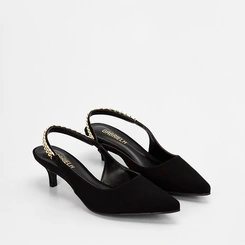 Scarpin Slingback Gabriela Detalhe Corrente Nobuck Preto