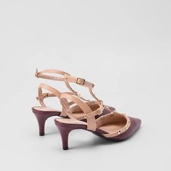 Scarpin Slingback Feminino Gabriela Salto Fino Fivelas Tachas Recortes Vinho